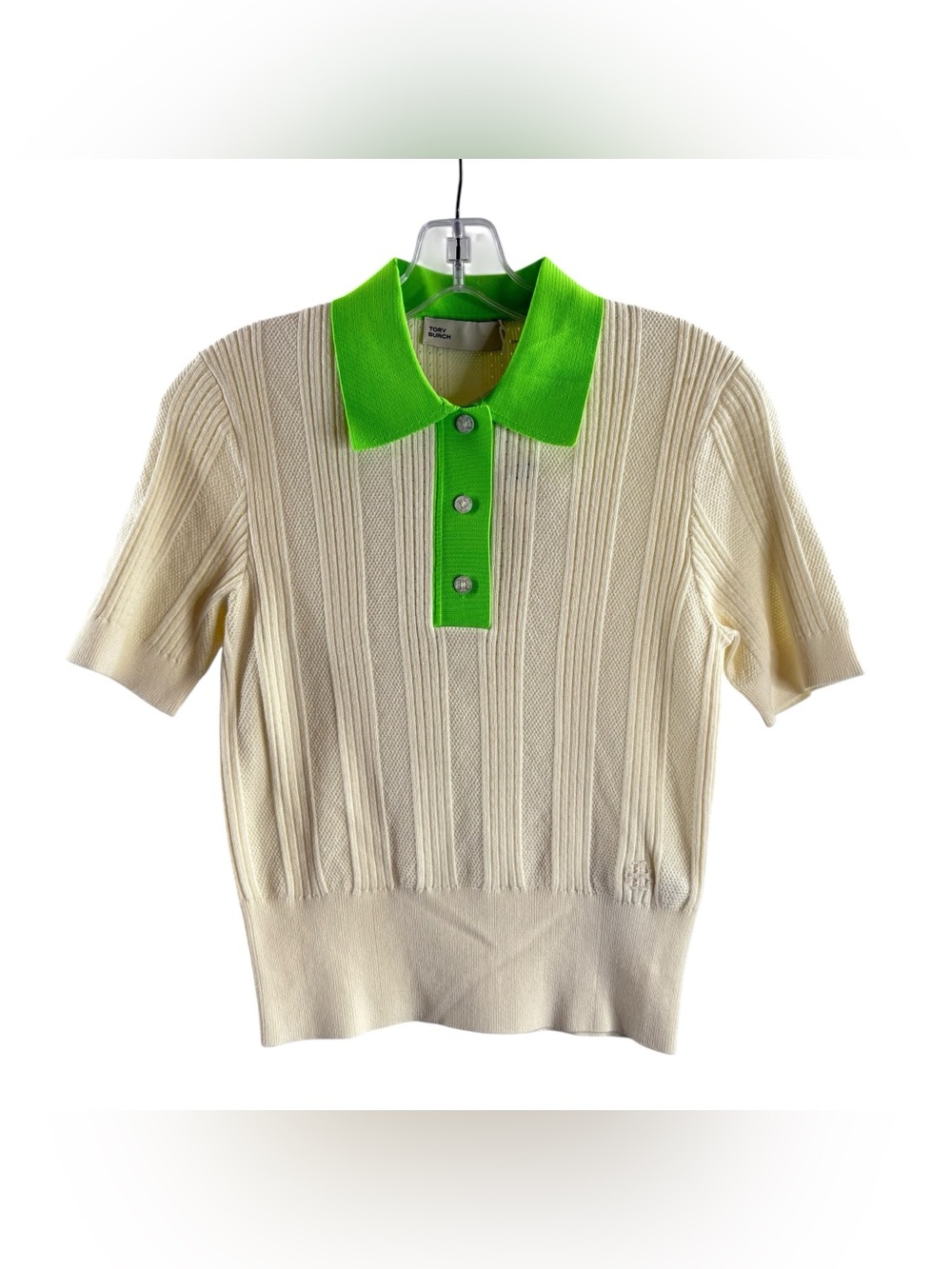 TORY BURCH Cream Cotton Pointelle Polo Sweater with Neon Green Collar NWT $258